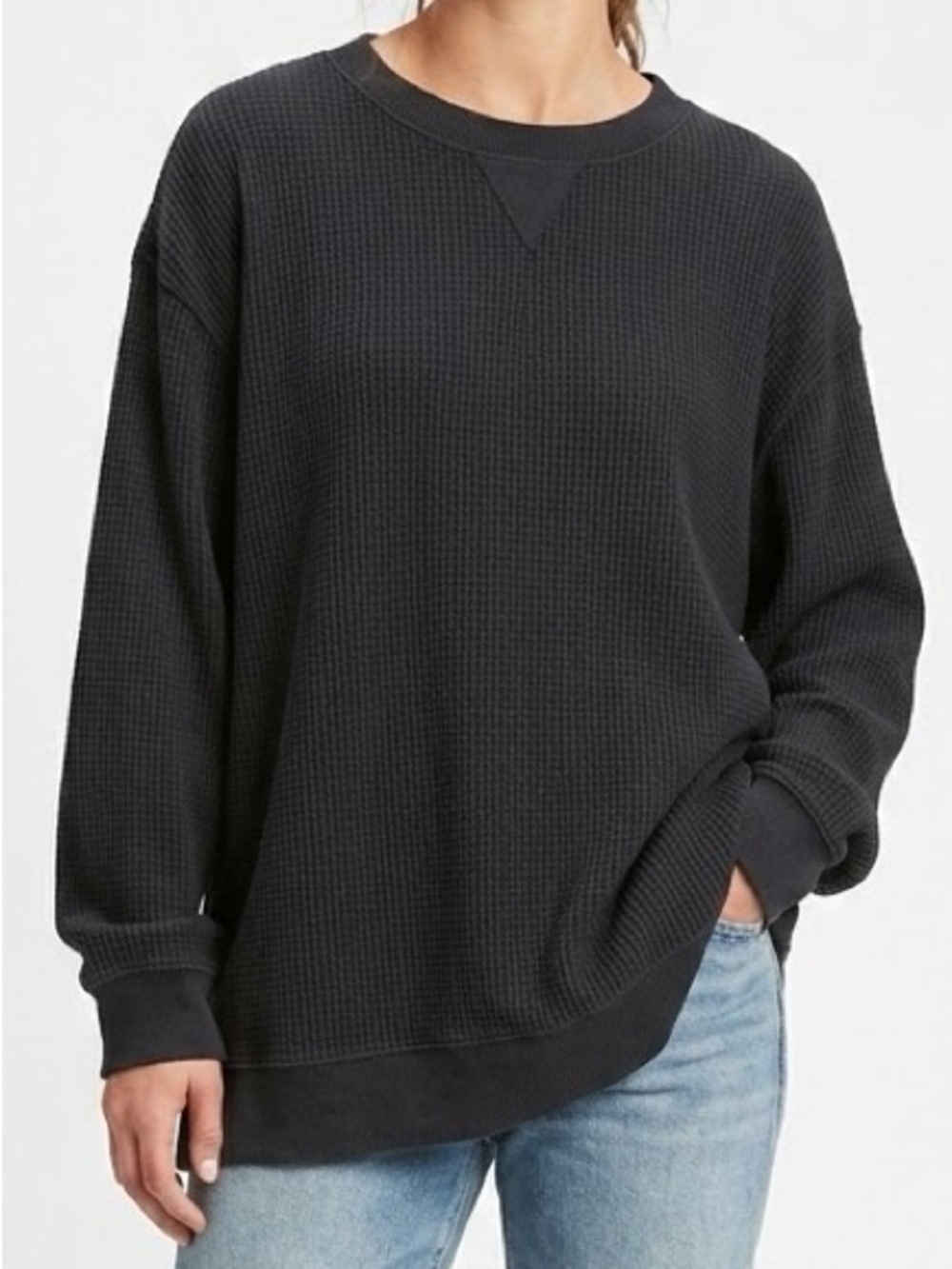 Aerie Oversized Waffle Knit Sweatshirt Size Large Black Chill Sweater